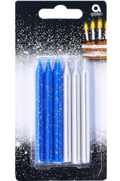 Свечи для торта ВЕСЕЛАЯ ЗАТЕЯ "серебро/синий с блестками", 12 шт, 12 уп ...