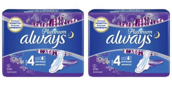 Always Прокладки ночные Platinum Ultra, 4 капли, 6 шт, 2 уп - купить с ...