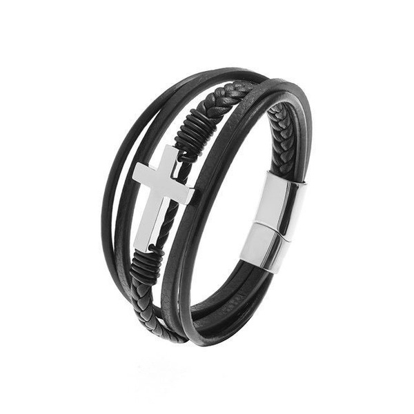 Мужской кожаный браслет с крестом из нержавеющей стали - купить с ...