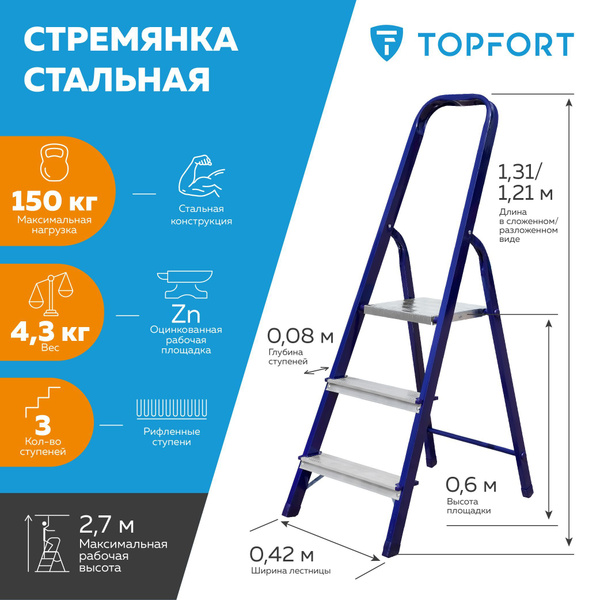 Стремянка TOPFORT стальная, односторонняя, 3 ступени, 2.7 метров купить ...