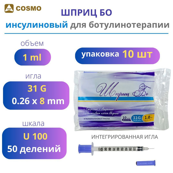 Шприц БО 1мл 31G 8mm,U100,10шт-инсулиновый, для ботулинотерапии10 шт ...