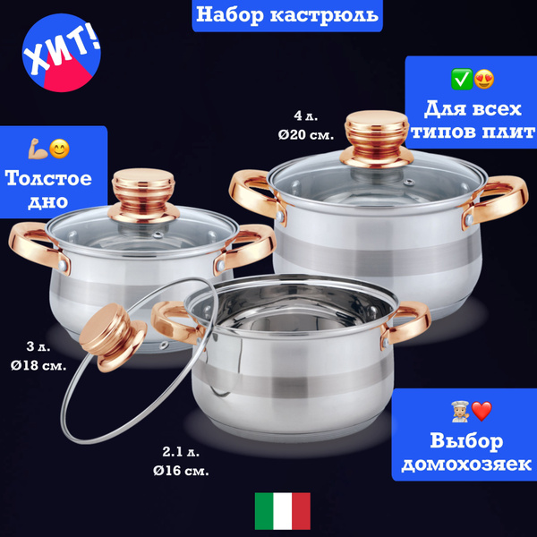 Набор кастрюль KELLI, Нержавеющая сталь, 2 л, 3 л, 4 л - купить по ...