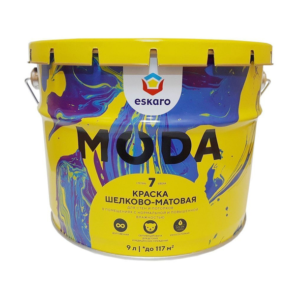Краска Eskaro акриловая Moda 7 база А для стен и потолков 9л белая ...