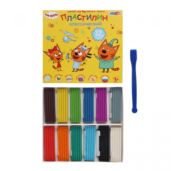 Пластилин 12 цветов, 180 гр, стек, картонная коробка, Три кота MULTI ...