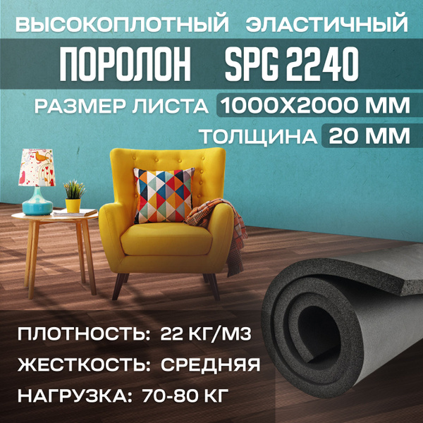 Поролон мебельный эластичный SPG2240 1000x2000x20 мм (100х200х2 см ...