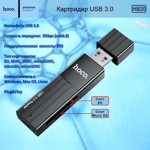 Картридер на 2 слота Hoco HB20 USB 3.0, адаптер/переходник для карт ...