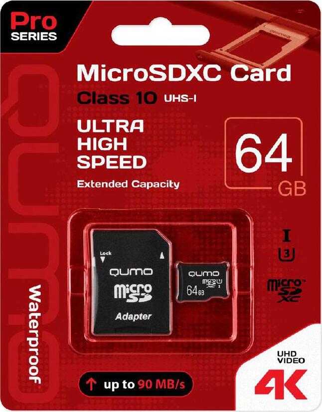 фото Карта памяти MicroSD 64GB Qumo Class 10 Pro UHS-I U3 + SD адаптер