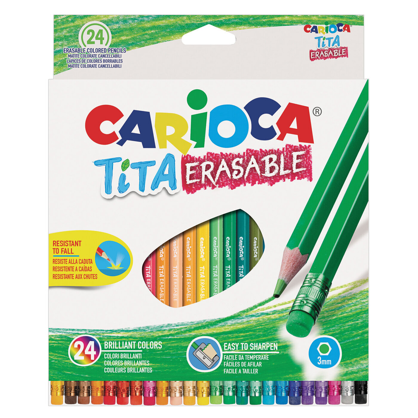 Набор цветных карандашей Carioca Erasable, твердо-мягкие, стираемые, с ластиком, пластиковые, 24 шт