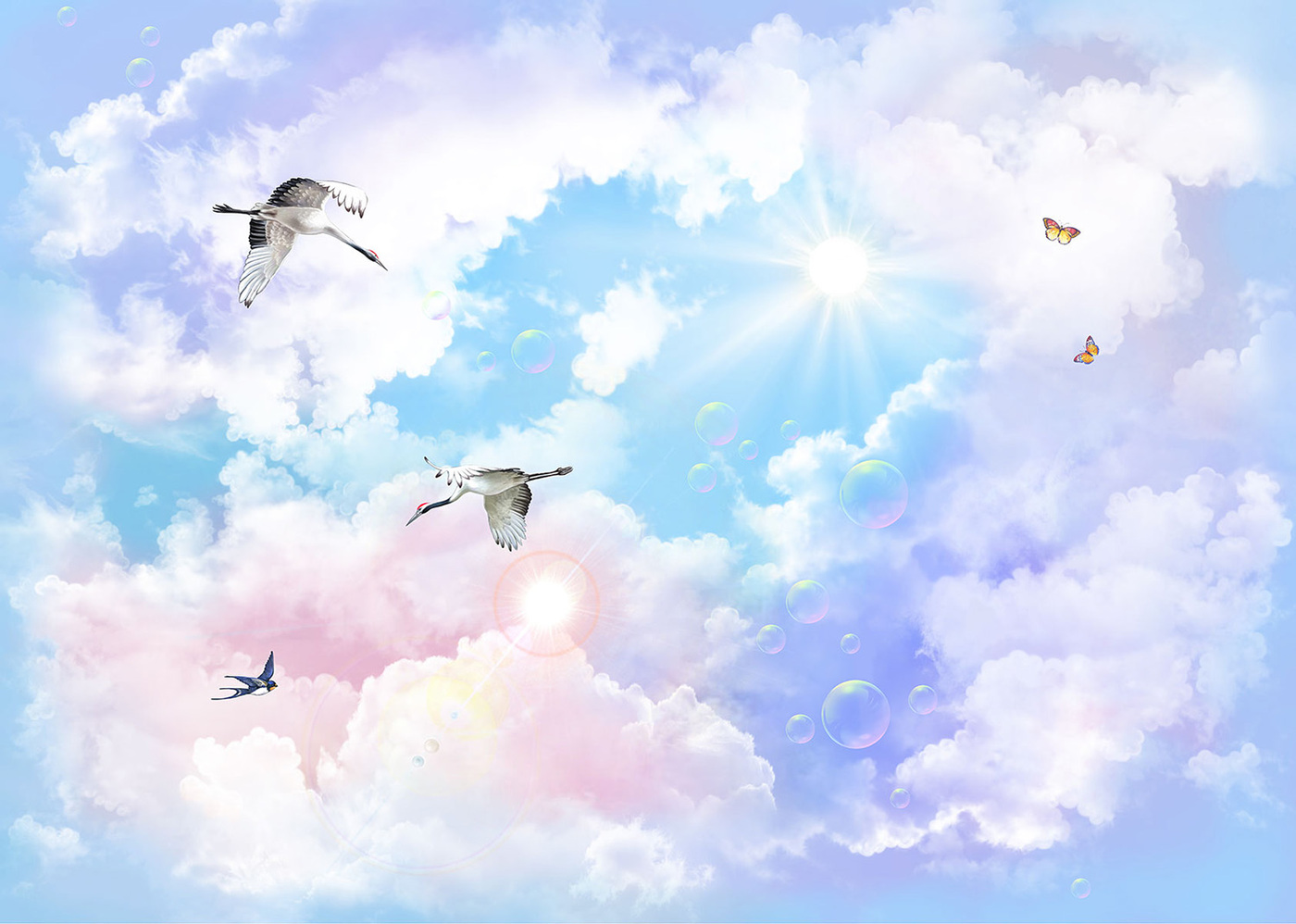 Песня небо детская облака. Обои с аистами на стену. Аист в облаках с ребенком. Фотообои облака в детскую. Голубое небо с облаками и журавлями.