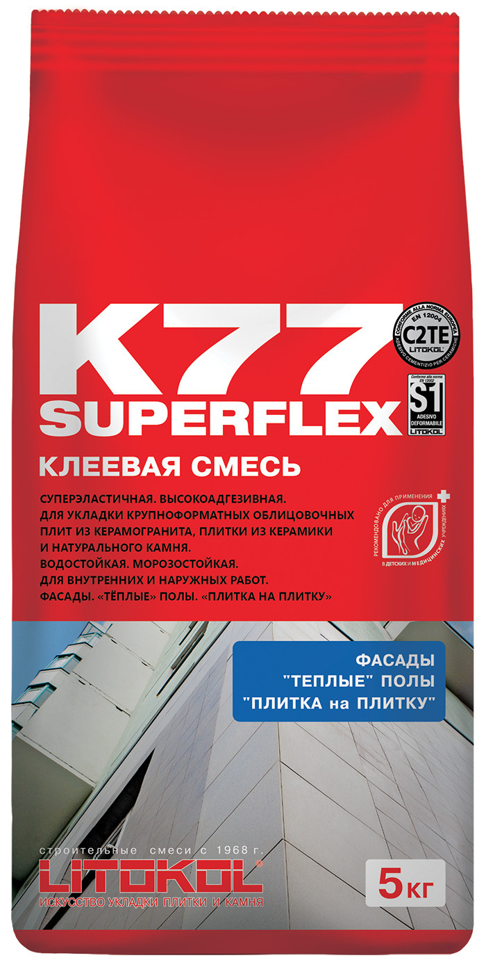 Клей для плитки LITOKOL SUPERFLEX K77, Влагостойкость, Для полов с .
