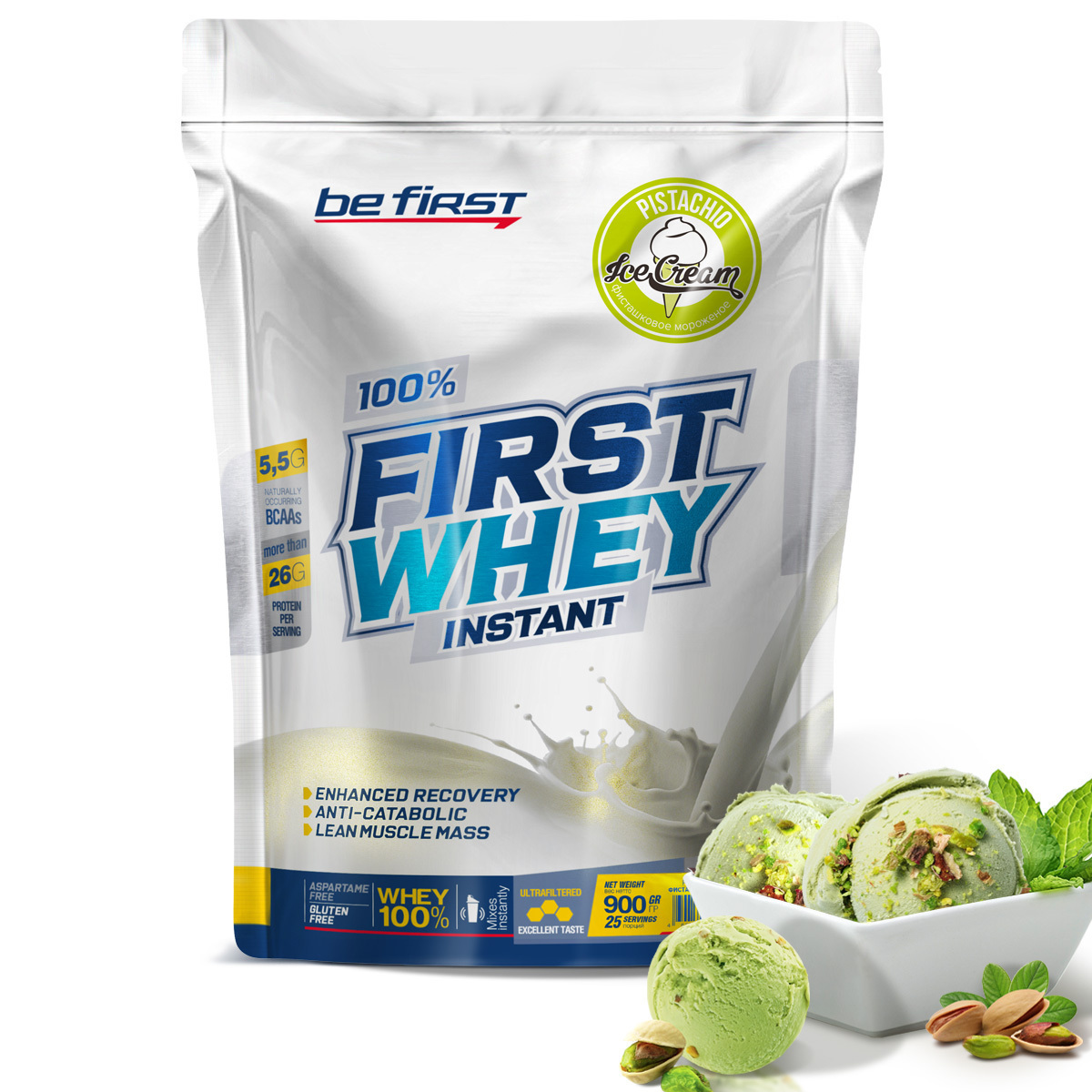 Протеин сывороточный для набора мышечной массы Be First First Whey Protein Instant 900 гр, фисташка