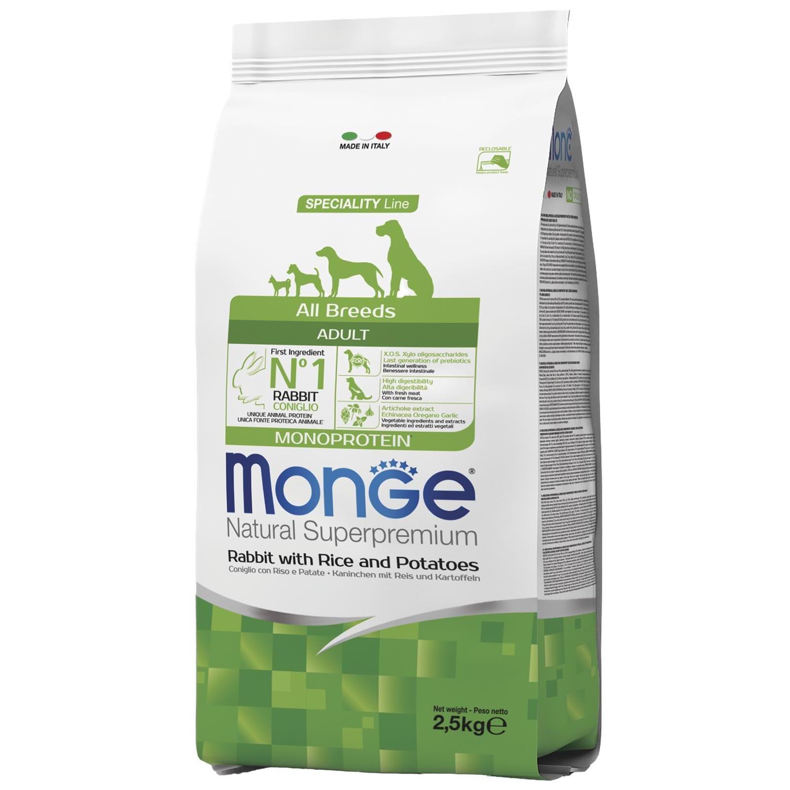 Корм monge dog speciality. Monge Dog Speciality корм для собак всех пород кролик с рисом и картофелем 2,5 кг. МОНОПРОТЕИН Монж с кроликом для собак. Монж для кошек рыбный. Monge сухой корм для собак пропорции.