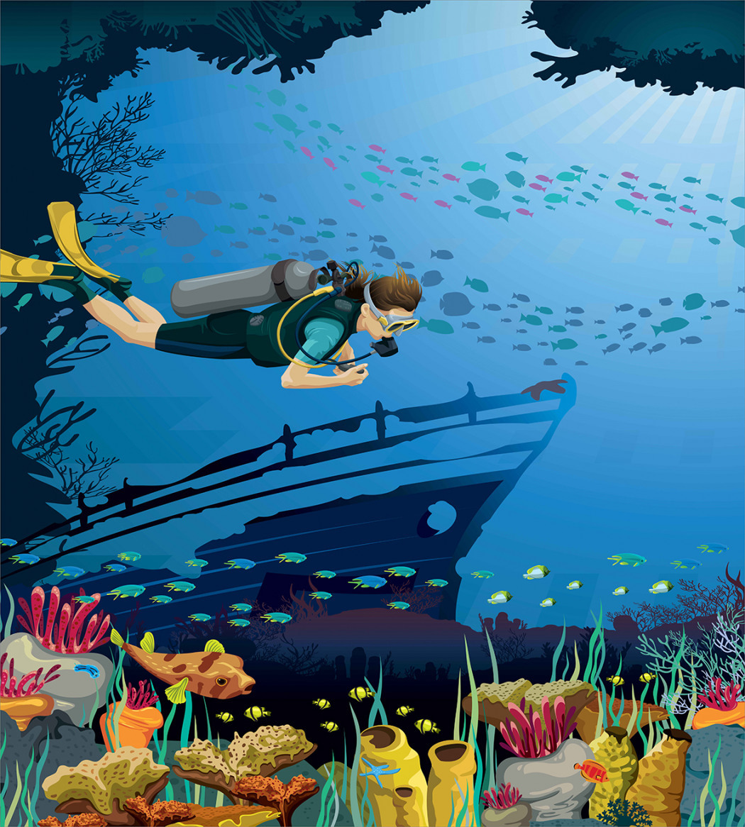 Картина подводный мир с рифами и аквалангисткой
