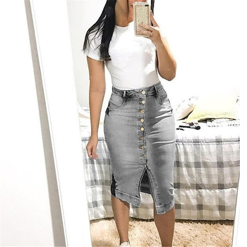 Юбка джинсовая длинная с разрезом спереди фото