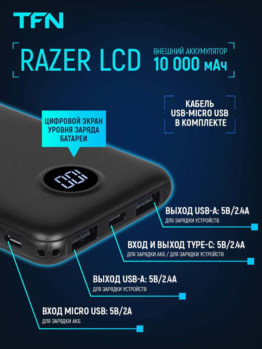 Внешний аккумулятор (Power Bank) TFN Razer LCD - купить по выгодным ценам в  интернет-магазине OZON (309036486)