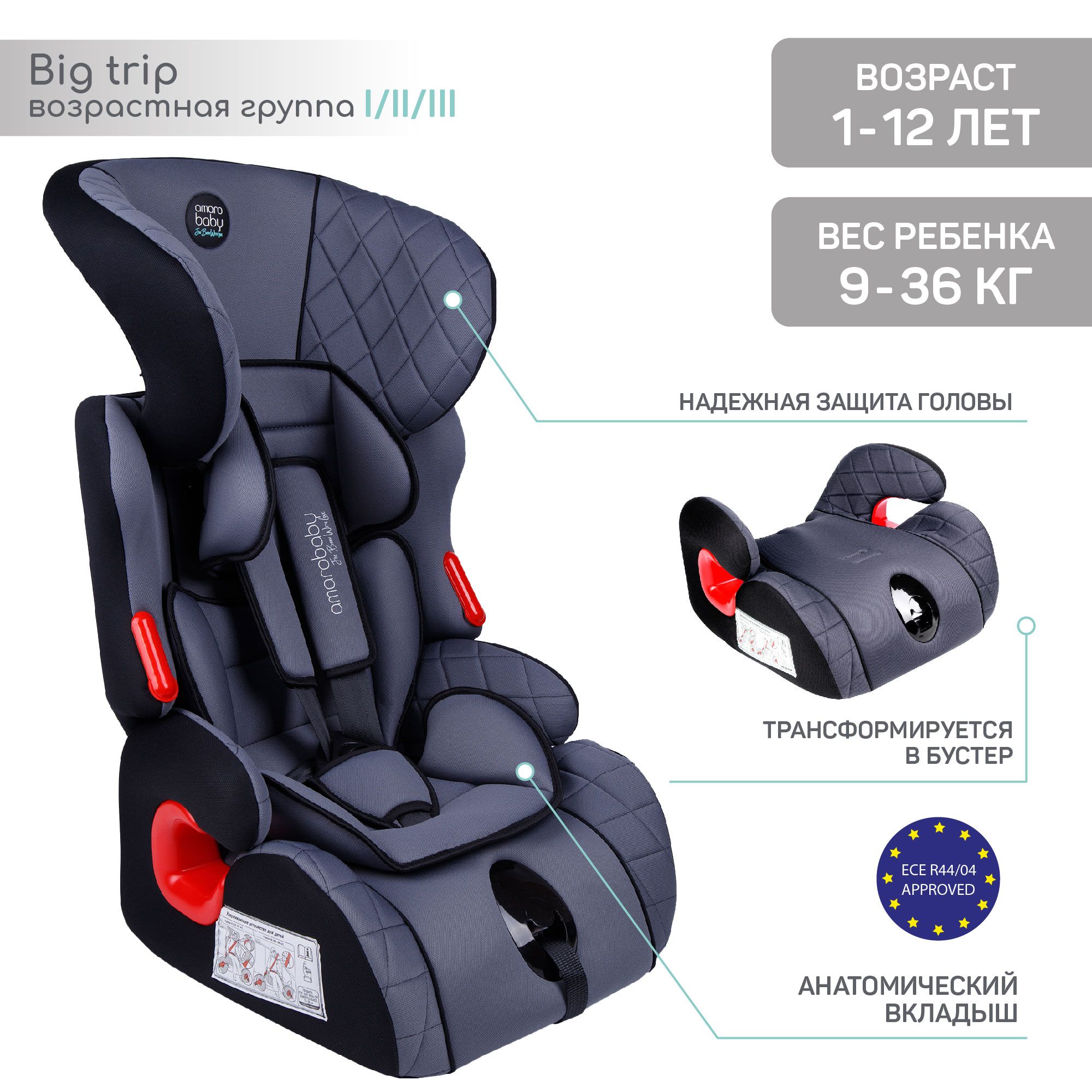 Автокресло детское AMAROBABY Big trip, группа I/II/III, 9-36 кг,(1-12 лет),  серый/чёрный - купить с доставкой по выгодным ценам в интернет-магазине  OZON (399171093)