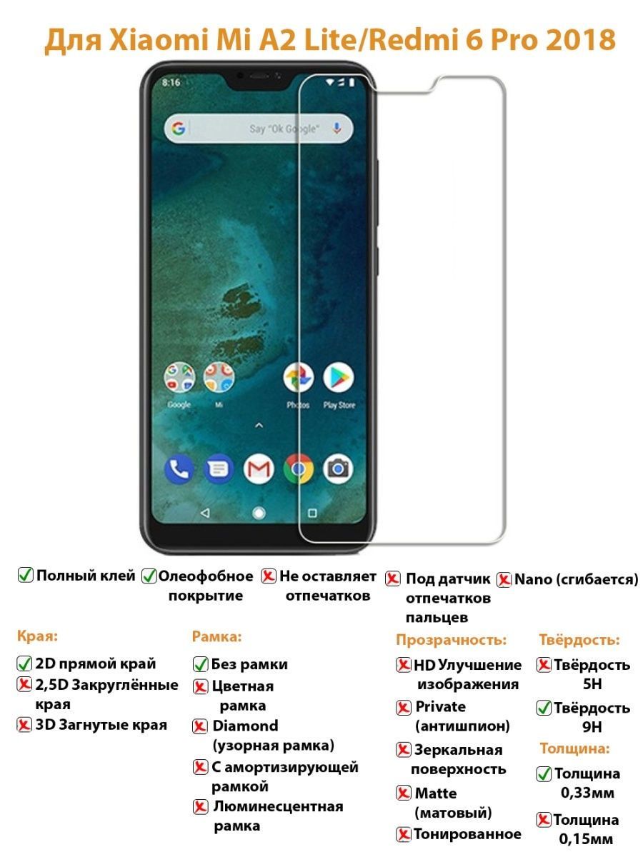 Защитное стекло для Xiaomi Mi A2 Lite & Redmi 6 Pro без рамки - купить с  доставкой по выгодным ценам в интернет-магазине OZON (852451659)