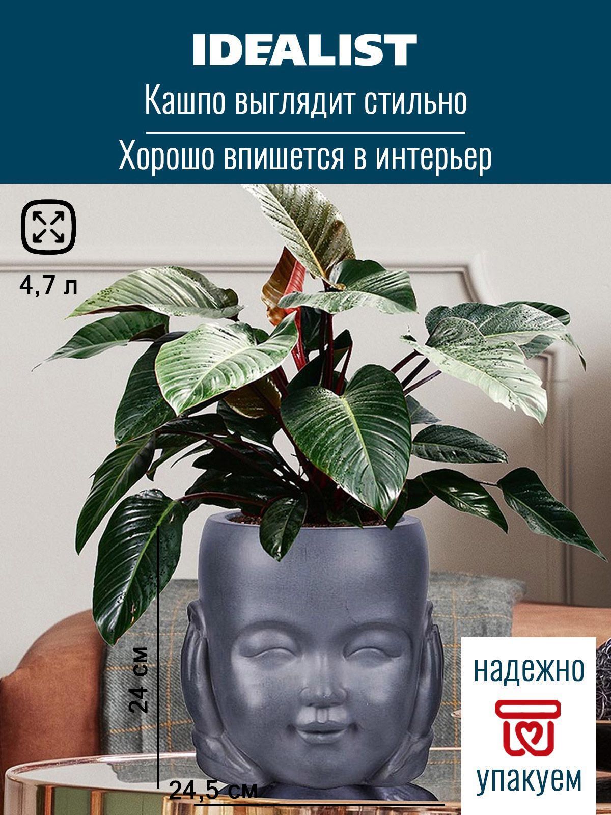 Горшок для цветов/ кашпо для цветов/ кашпо голова/ Д24,5 Ш23,5 В24 см, 4,9  л.