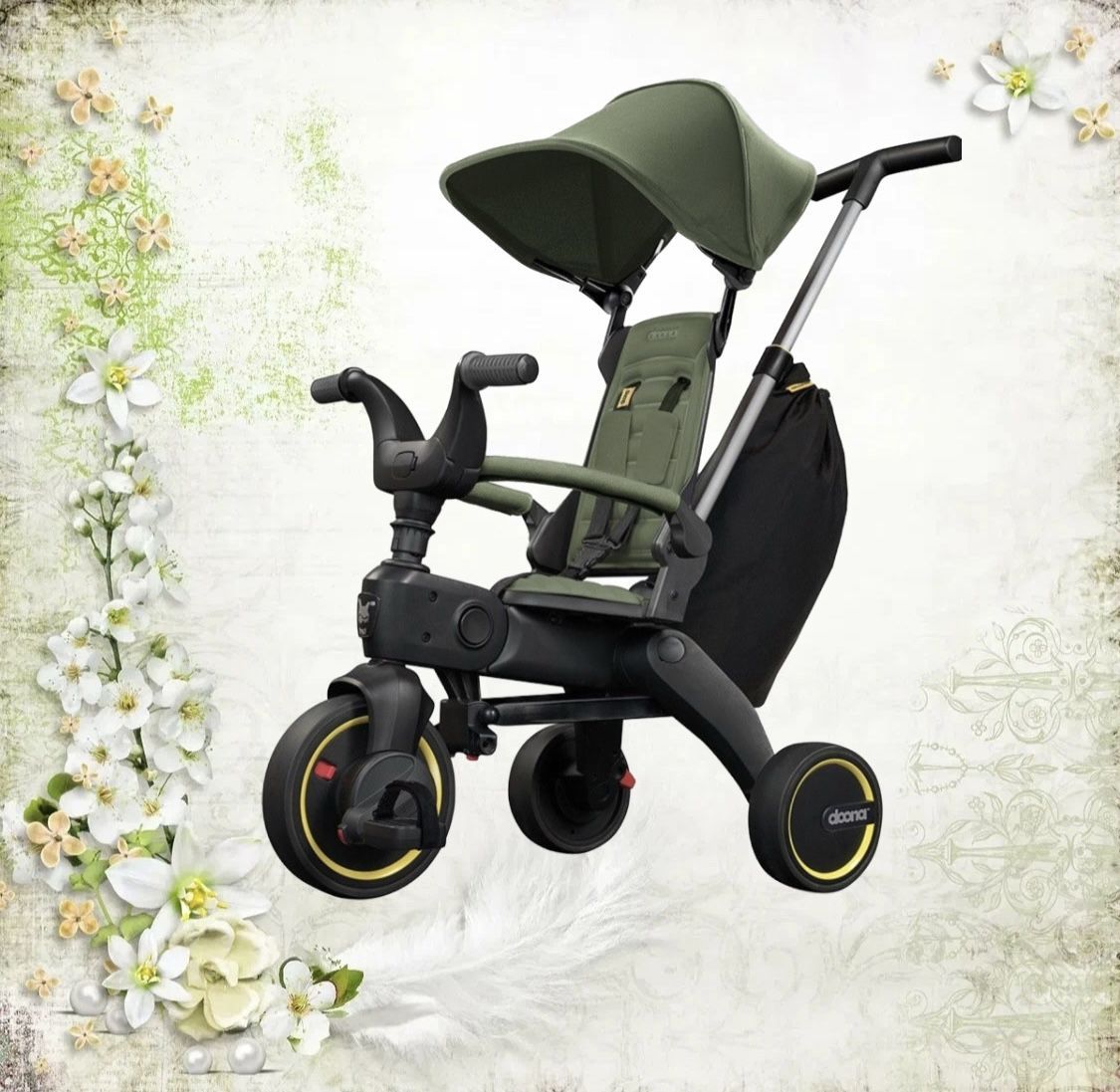 Велосипед детский трёхколесный складной Doona Liki Trike S3 Desert Green (зелёный) с родительской ручкой