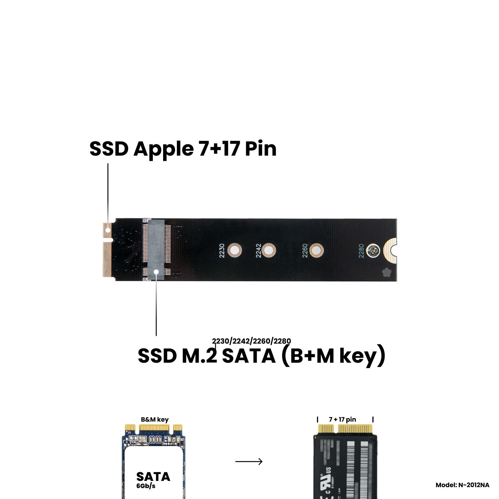 Адаптер-переходник для установки SSD M.2 2230-2280 SATA (B+M key) в разъем 7+17 Pin на MacBook Air 11" A1465 / 13" A1466, Mid 2012, NFHK N-2012NA