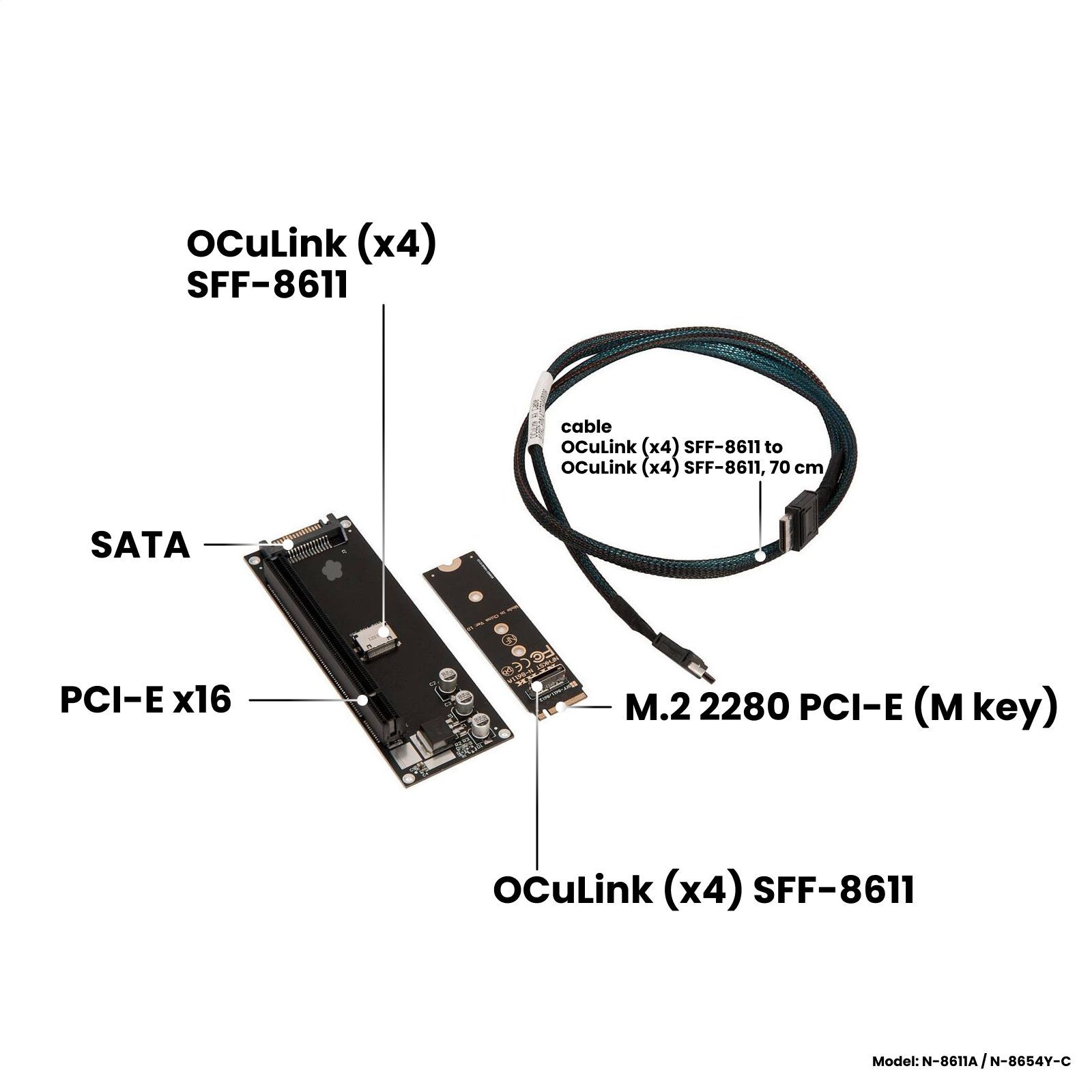 Платарасширения(райзер)M.22280M-keyнаPCI-Eх16синтерфейснымкабелемOculink(x4)SFF-8611toSFF-8611,доп.питаниеSATA,черный,NFHKN-8611A/N-8654Y-C