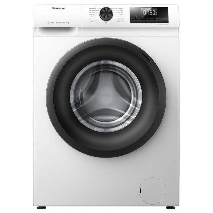 Стиральная машина Hisense WFQP6012VM, загрузка до 6 кг, 15 программ, 1200 об/мин, инверторный мотор, быстрая стирка, обработка паром, отсрочка запуска, белый