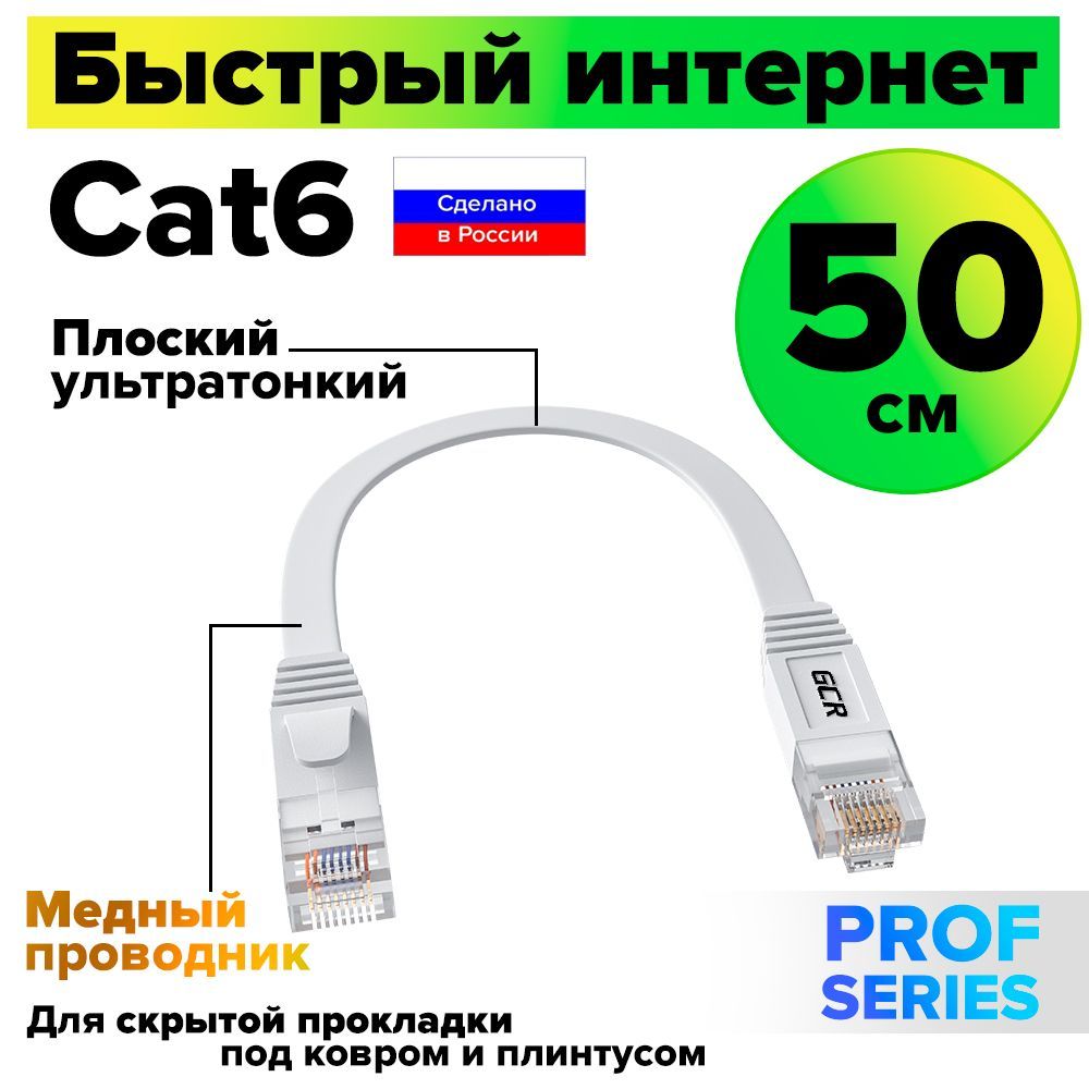 Короткий патч-корд плоский 50 см GCR PROF КАТ.6 кабель для интернета ethernet high speed 10 Гбит/с белый