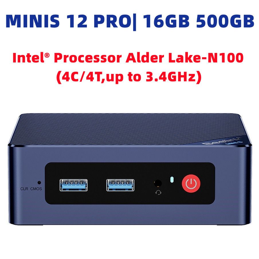 Мини-ПК MINI S12 PRO (Intel Processor N100, RAM 16 ГБ, SSD 500 ГБ, Intel UHD Graphics, Windows 11 Pro), черный