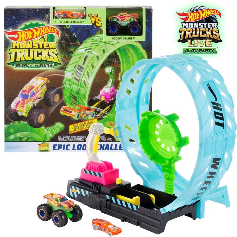 Игрушечный трек Mattel Hot Wheels Монстр Трак Мертвая петля, светится в темноте, HBN02