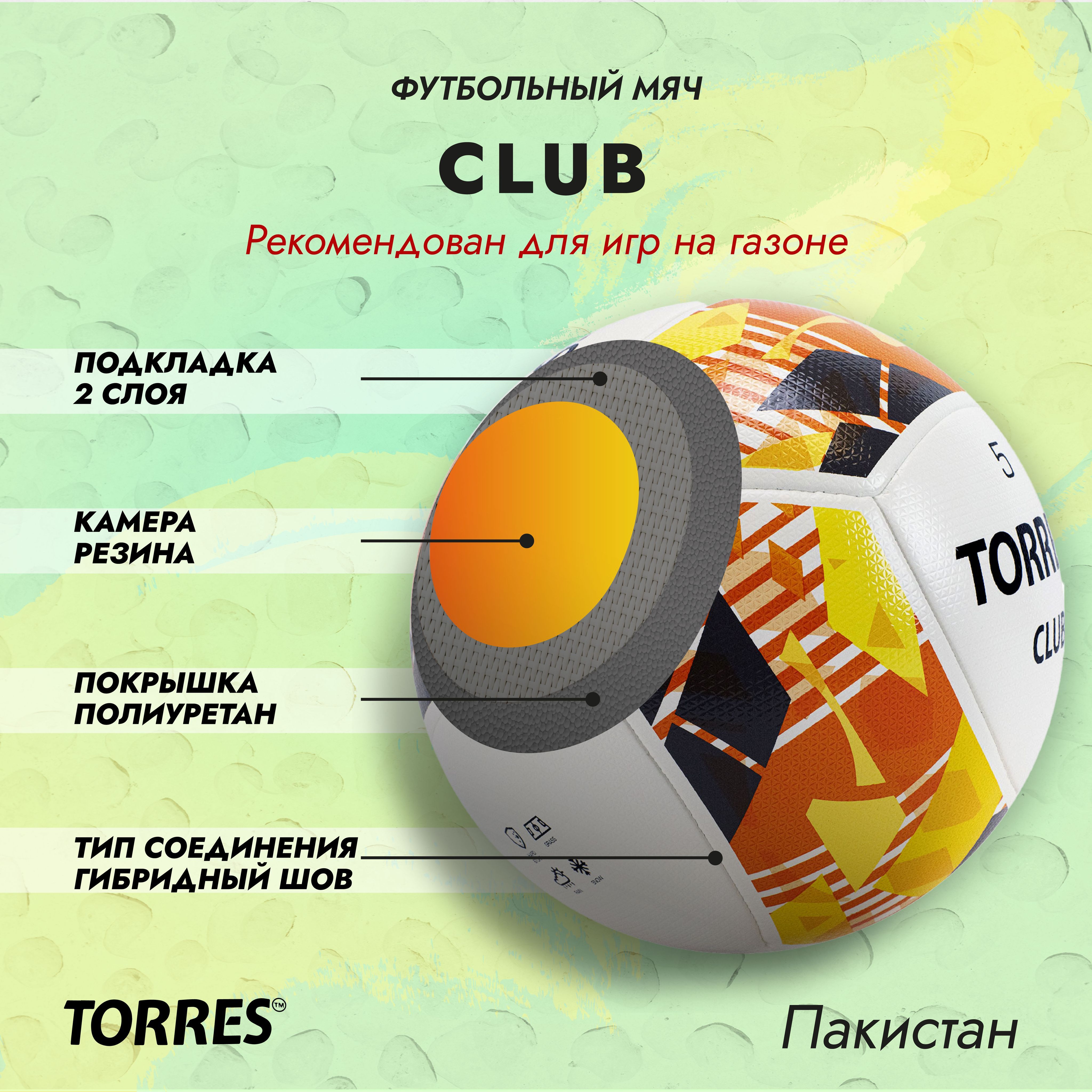 Мяч футбольный TORRES Club New размер №5, поставляется накаченным