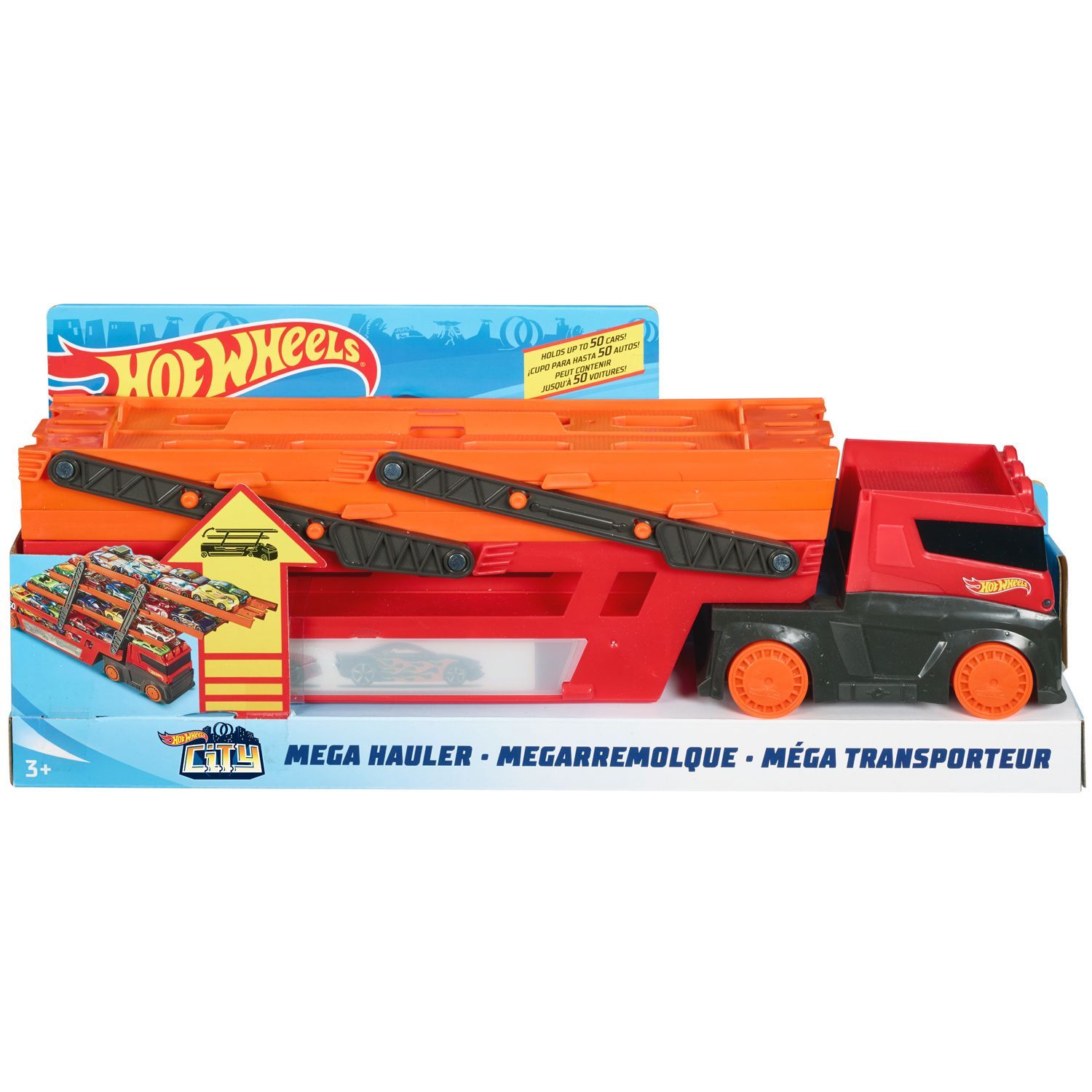 Игровой набор Hot Wheels Автовоз - Мега-фура, с раскладным треком и хранилищем для 50 машинок (из пластика), серия City, возраст 3+, GHR48