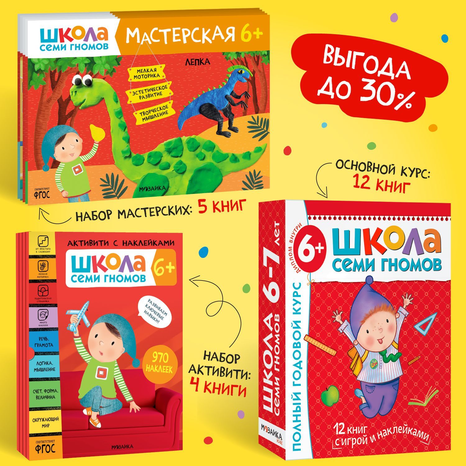 Книги для малышей, развивающий большой набор 21 шт. для мальчиков и  девочек, полный годовой курс занятий для детей + активити + мастерская.  Детский обучающий комплект книжек Школа Семи Гномов 6-7 лет |