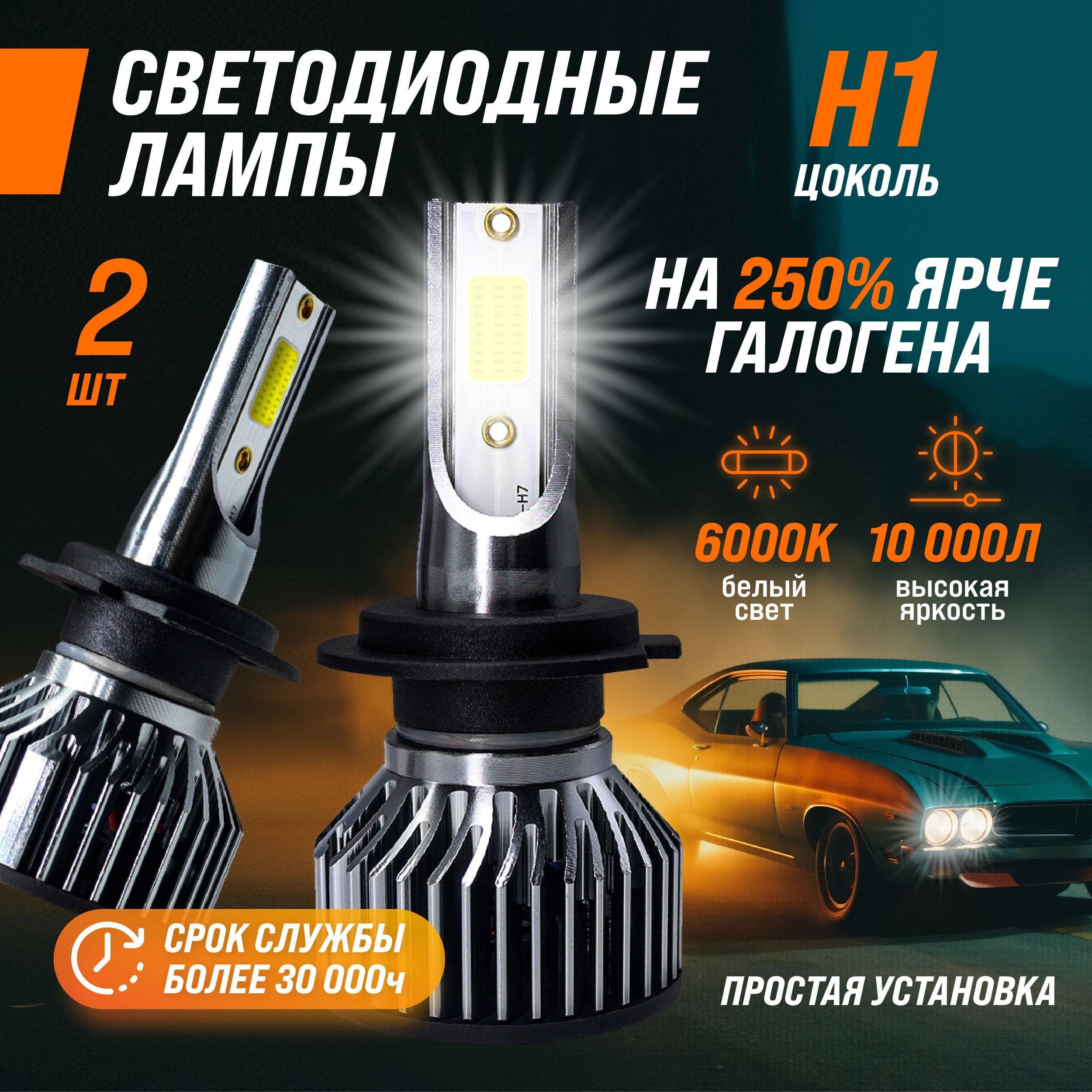 Светодиодные лампы лед H1 для авто, led в фары, 2 шт