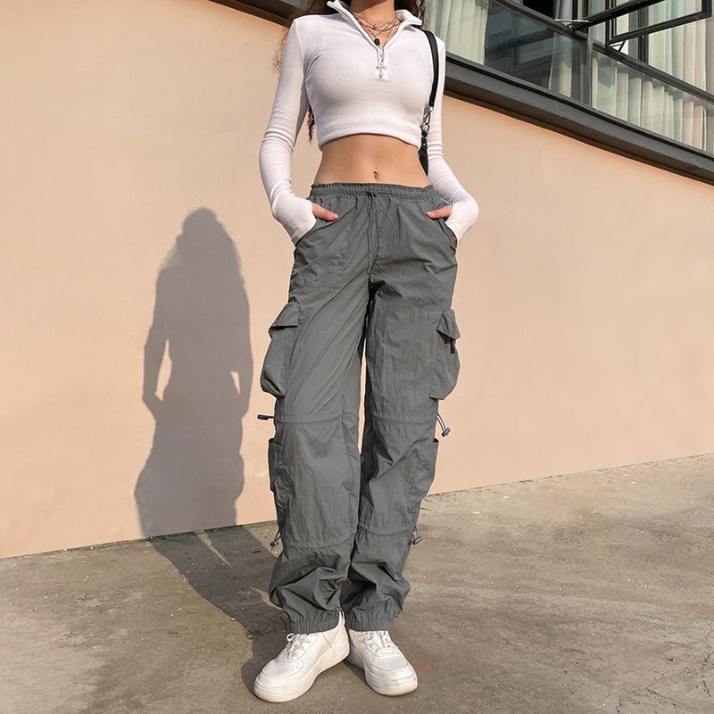 Solid Drawstring Cargo Jogger Pants