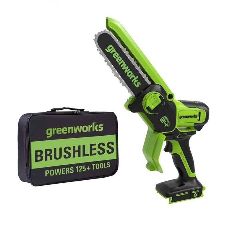 Greenworks gd24csmnx 24v 15см. GREENWORKS 1500907. Мини-пила цепная аккумуляторная. Электрон пила.