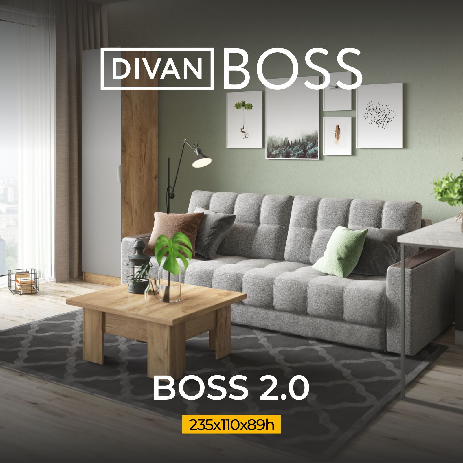 ДиванраскладнойBOSS2.0,прямой,вгостиную,рогожкаMalmoсерый,235x110x89см