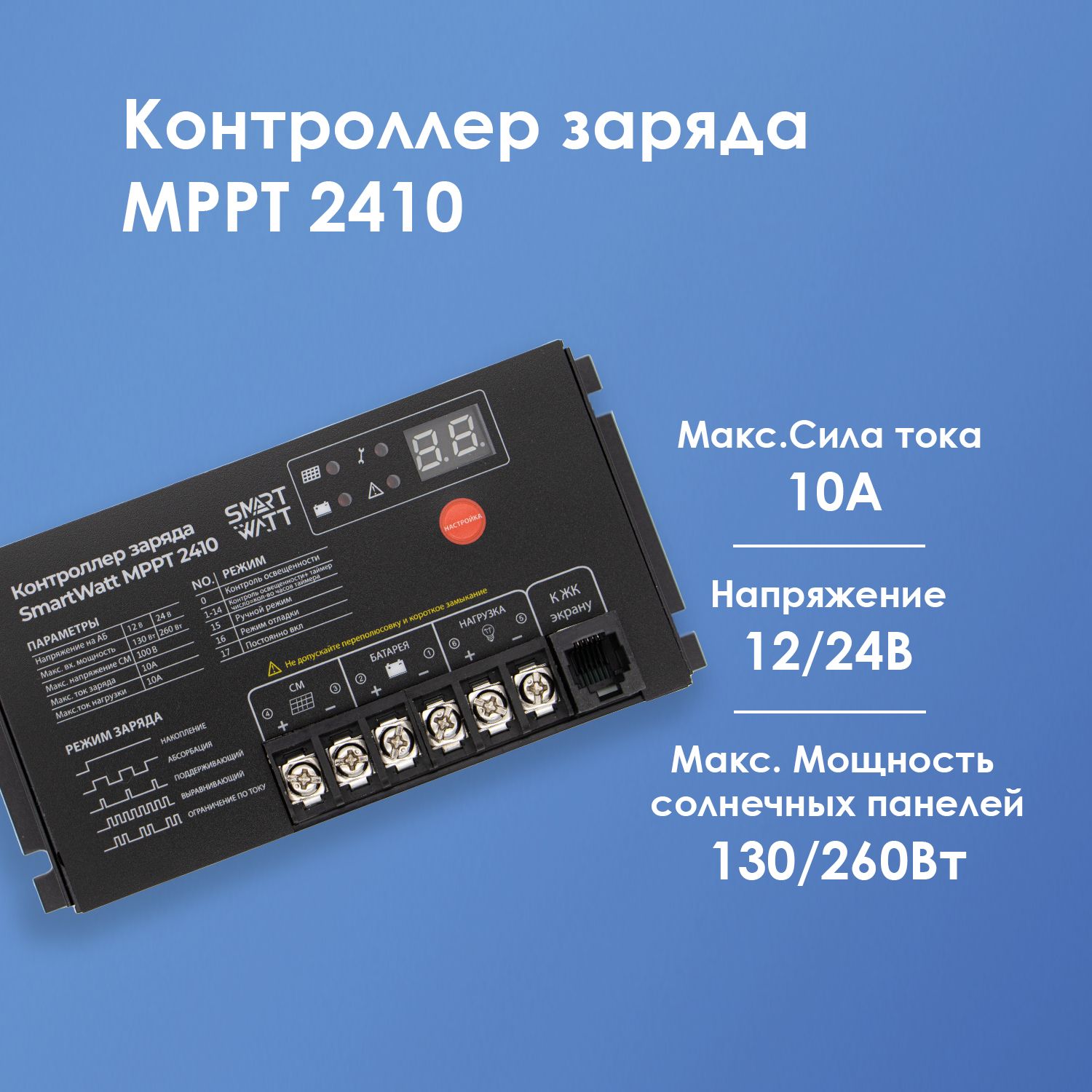 Комплект Контроллер заряда Delta MPPT 2410 + Готовый Силовой Кабель 4 кв. мм для подключения к АКБ / Smartwatt