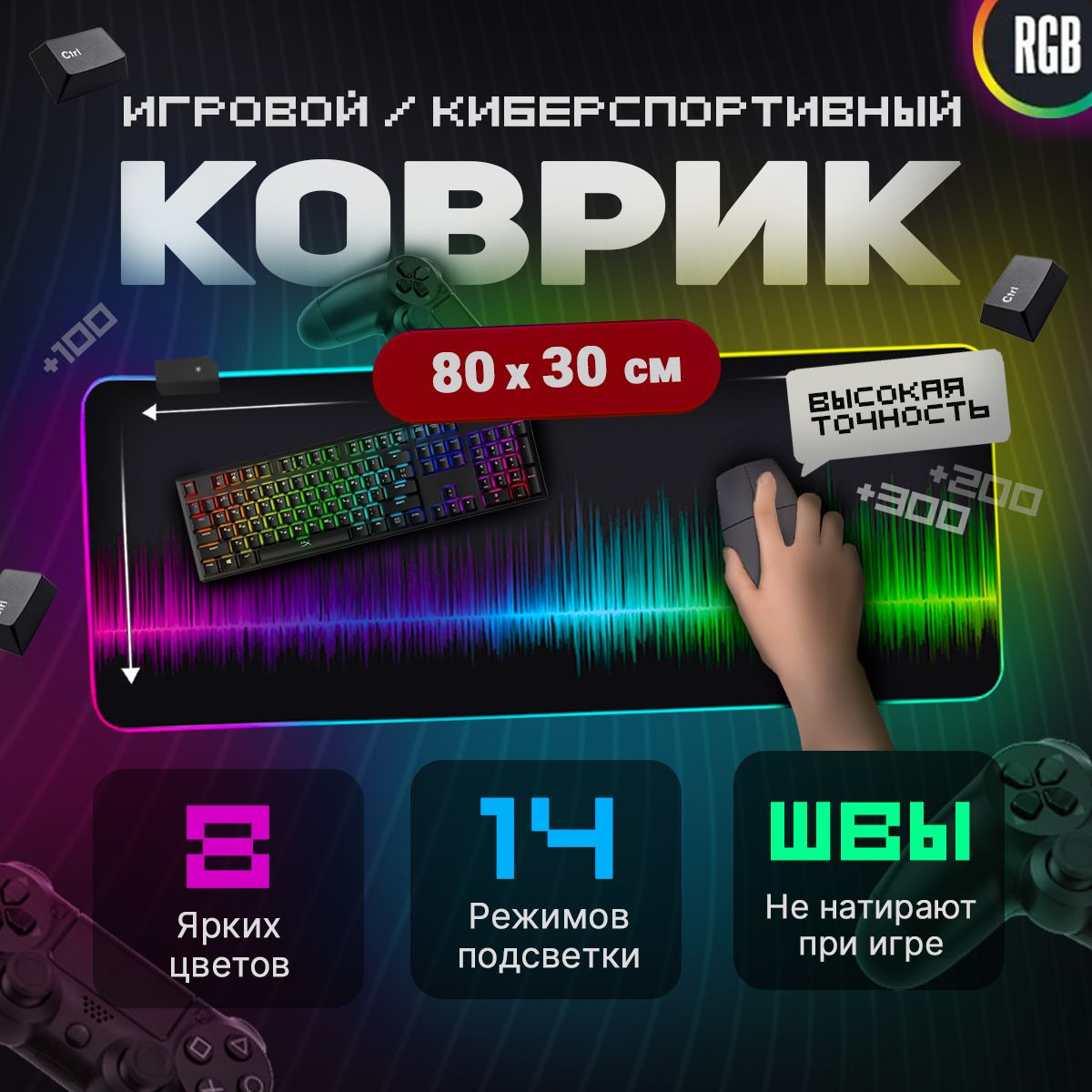 RGB коврик для Мыши и Клавиатуры с Подсветкой Большой Не скользящий Компьютерный Игровой с Рисунком Спектр