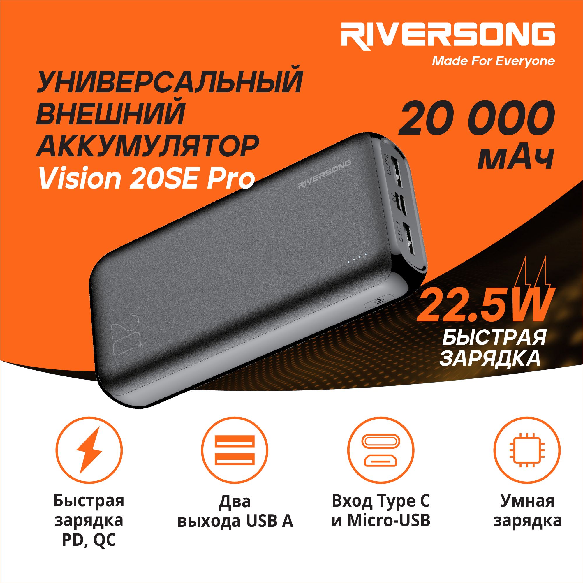 Riversong Внешний аккумулятор PB30, 20000 мАч, черный, черный матовый