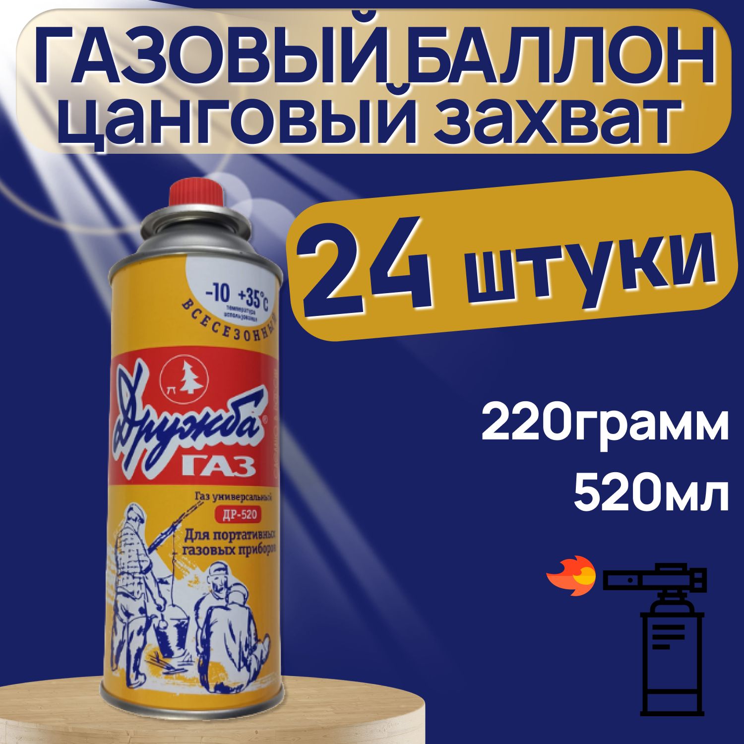 Газ, Газовый баллон Дружба (цанговый), для плиток, горелок и др. 220 гр, 520 мл (24 шт.)