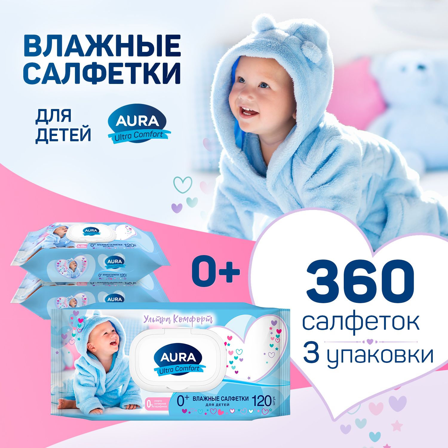 Влажные салфетки детские с крышкой 360 шт (120 шт х 3), AURA ULTRA COMFORT