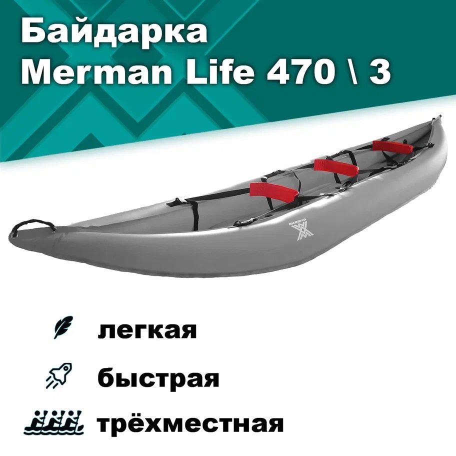 Байдарканадувнаятрехместная(Каяк,Лодка)MermanLife470Серая