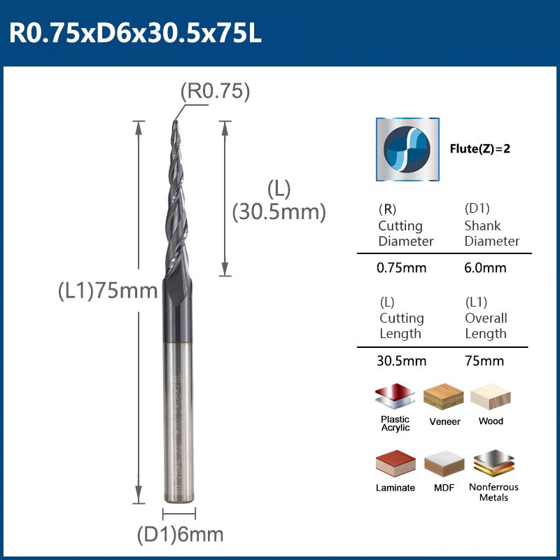 Фреза спиральная двухзаходная конусная сферическая XCAN R0,75х30,5хD6х75 мм, покрытие TiALN