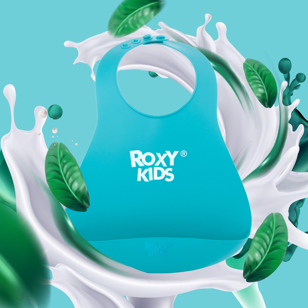 ROXY-KIDS / Силиконовый детский нагрудник для кормления с карманом / Слюнявчик, цвет бирюзовый  #1
