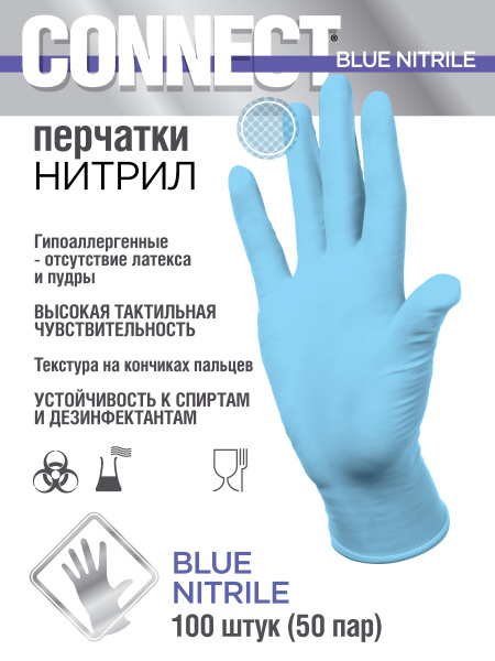 Перчатки нитриловые CONNECT BLUE NITRIL, голубые, размер S, 100 шт ...