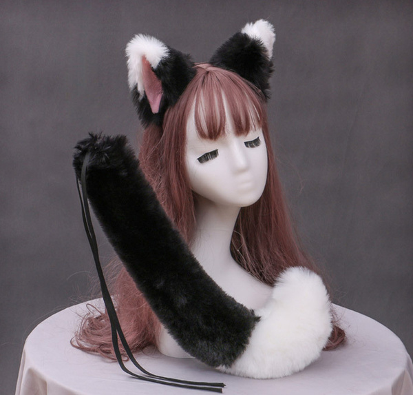 Набор: хвост и уши кошки, черный-белый, для косплея, праздника ...