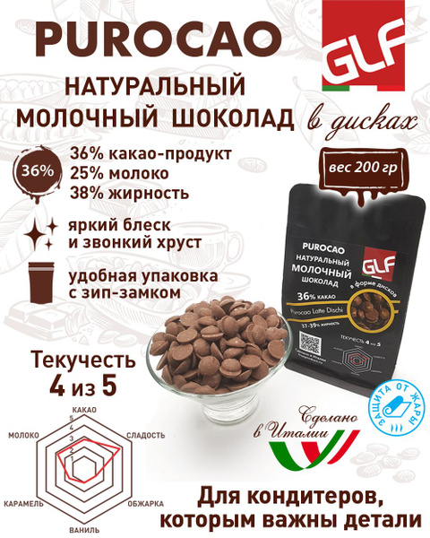 Натуральный молочный шоколад Purocao Latte dischi 36% в каплях, пакет ...