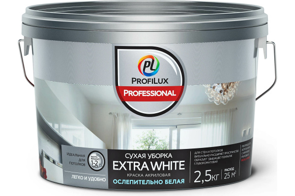 Краска Profilux Extra white Гладкая, Акриловая, Матовое покрытие, белый ...