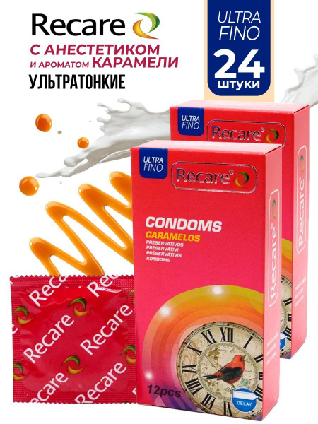 Презервативы ультратонкие с анестетиком и ароматом карамели Recare 24 ...