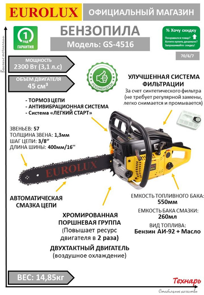Бензопила цепная бензиновая Eurolux GS-4516, профессиональная садовая ...